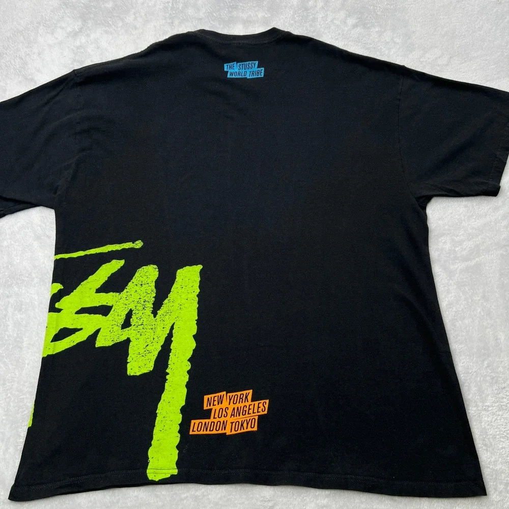 Stussy Old School Graphic T-Shirt Mens XXL Black‎ Neon Green World Tribe Logo